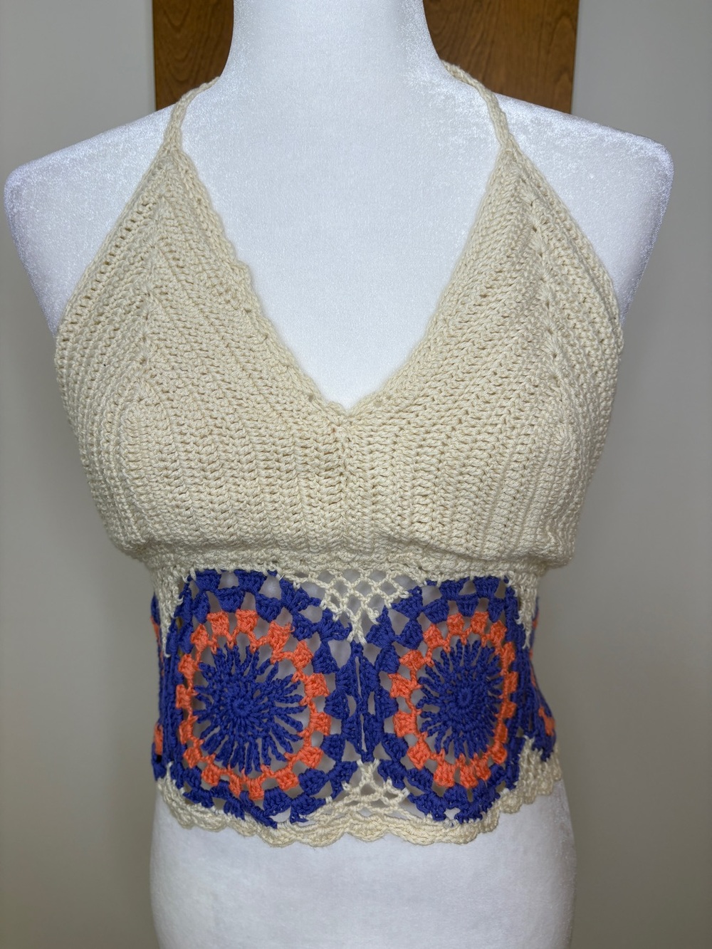 Crochet Halter Crop Top Size M-Large Retro Festival Going Out Beach Boho Fairy